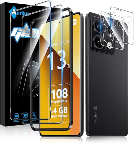 Aerku 2 Piezas Protector de Pantalla para Xiaomi Redmi Note 13 5G con 2 Piezas Protector de Lente de Cámara, 0.33MM HD 9H Ultra Resistente Cristal Templado Vidrio Templado para Redmi Note 13 5G