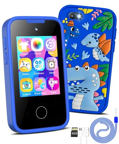 KAKTIN Kids Phone for Boys,Christmas Birthday Dinosaur Gifts for 3 4 5 6 7 8 years old Children,Touchscreen Learning Toys for girls age 3-11 with Dual Camera 8G SD Card (Dinosaur Blue)