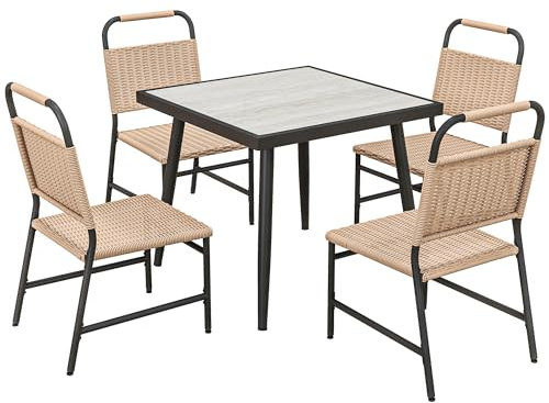 Outsunny - Conjunto de mesa cuadrada y 4 sillas de jardín de resina trenzada efecto ratán, bandeja de vidrio templado, color blanco Mesa 86 x 86 x 74 horas