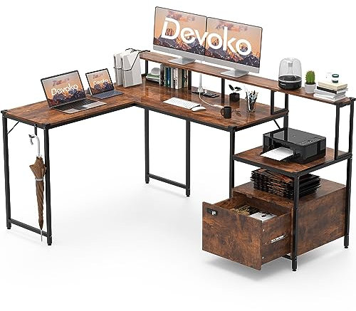 Devoko Escritorio en L con Armario 170 x 120 cm, Escritorio esquinero con cajones, Escritorio de Ordenador con Toma de Corriente y Puerto de Carga USB, con Soporte para Monitor(Marrón