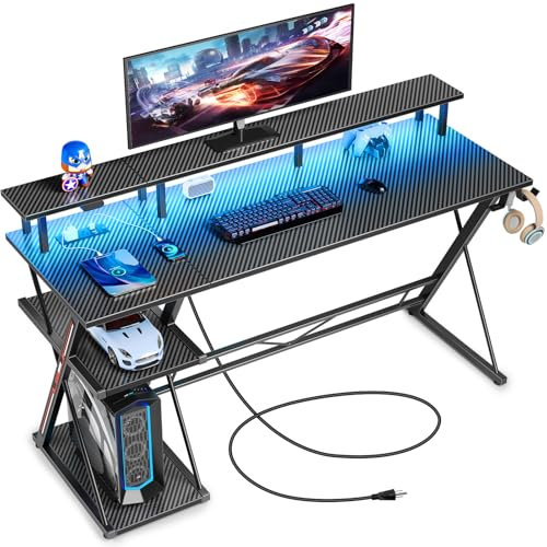 SEVEN WARRIOR Bureau Gaming 120cm LED RGB avec Rangement - Bureau Gamer Ergonomique avec Station de Charge (2AC/2USB), Plateau Réglable et Support PC - Idéal pour Ados,Noir