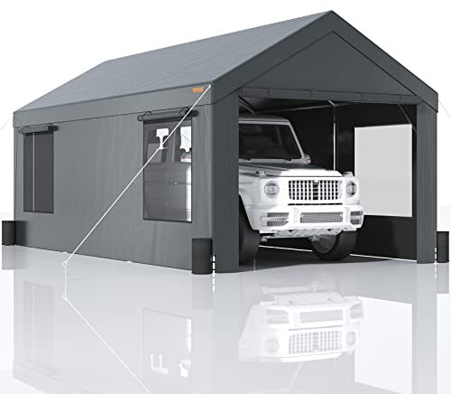 VEVOR Carport Auvent pour Voiture, Tente de Garage 3,7x6 m Abri Extérieur avec Parois Latérales Amovibles, Fenêtres et Portes Ventilées Enroulables Imperméable pour Voiture, Camion, Bateau, Gris Foncé