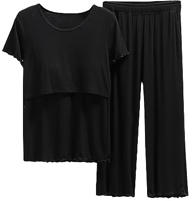 Pyjamas pour l'allaitement - Ensemble de chemise et de short pour femmes enceintes et allaitantes, Noir , L