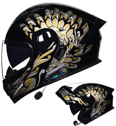 DXDRT Bluetooth Motorrad Modular Helm DOT/ECE Genehmigt Dual Visor Full Face Flip Up Motorrad Helme Eingebaute Dual Lautsprecher Mikrofon Für Erwachsene Männer Frauen,Gold,L 57~58cm