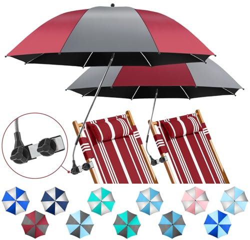 NBtoUS 2 Pack Chair Beach Umbrella with 360 Universal Clamp, UPF50+ Umbrella Outdoor Patio Sun Protection for Chairs, Beach &Patio Use (Grey/Wine Red)
