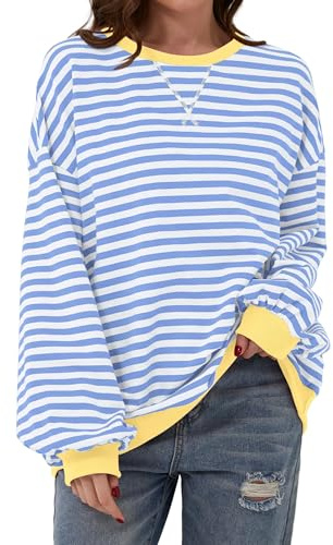 DUOEASE Jersey Mujer Manga Larga Sudadera Sin Capucha Camiseta Oversize Top | Suave, elástico, transpirable, Cuello Redondo, Rayas, corte holgado, Casual, la oficina, otoño/invierno
