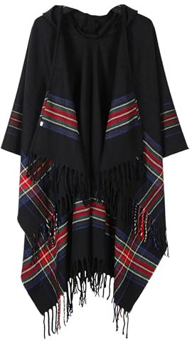 Rayson Damen Poncho mit Kapuze Winter Warm Schal Verdickt Lässige Open Front Cape mit Fransensaum(Schwarz,Einheitsgröße)