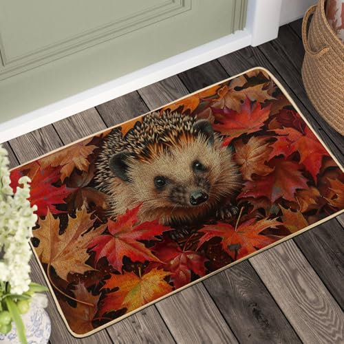 Igel-Fußmatte, Herbstblätter, Herbsttier-Dekoration für Außen- und Inneneingang, rutschfest, wasserdicht, haustierfreundlich, leicht zu reinigen, 73,2 x 43,2 cm