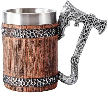 OTARTU Viking Beer Stein Mug, Imitation Wood & Iron Axe Handle,500ml Tavern Style Mug for Hot or Cold Drinks, Stainless Steel Beer Tankard for Men and Father’s Day Gift