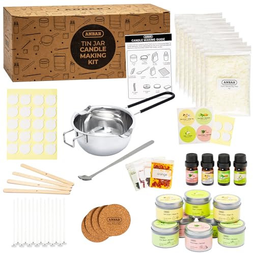Anbar Complete DIY Candle Making Kit for Adults - Aluminium Tins, Natural Soy Wax, Cotton Wicks, Essential Oils, Labels, and Essential Accessories for Scented Candles, Fun Hobby Crafting Set