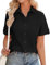 Niwicee Women's Shirt Blouse V Neck Women Tops 100% Cotton Button Down Shirt Casual Ladies Shirts Summer Short Sleeve Shirt Elegant Blouses for Women Basic Loose T Shirts (Black, L)