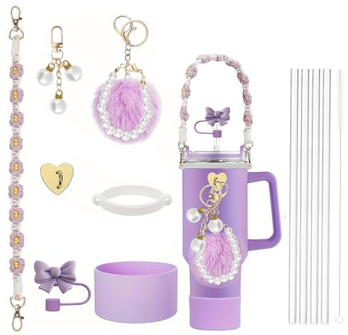 12 Pcs Cup Accessories Set for Stanley, Including Water Bottle Handle Strap, Straw Cover for Stanley, Cup Boot for Stanley, Charms for Stanley Cup 30oz & 40 oz Tumbler (Purple)