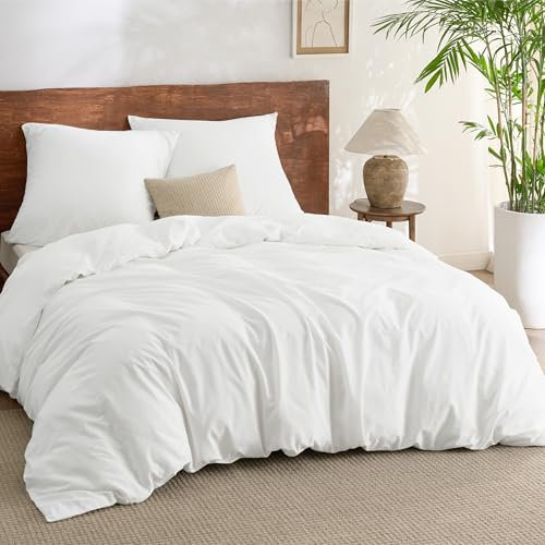 BEDSURE Bettwäsche 155x220 Baumwolle 3teilig - Bettwäsche-Sets Weiß Bettbezug mit 2 Kissenbezüge 80x80 cm, Ähnliche Textur wie Washed Leinen, Oeko-TEX Bedding Set mit Reißverschluss