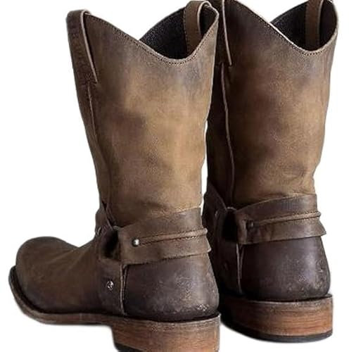 BININBOX Stivali da equitazione Stivali da cowboy vintage da uomo e da donna Stivali in pelle con tacco basso, marrone, 44 EU