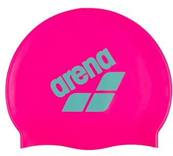 Arena Bonnet de Bain Unisexe en Silicone avec Grand Logo pour Homme et Femme - Bonnet de Bain élastique Souple et Durable - Rose/Blanc