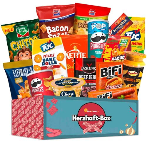 World of Sweets Herzhaft-Box, Snack-Geschenkbox mit Chips, Fleisch-Snacks und Knabbereien, 16 Produkte