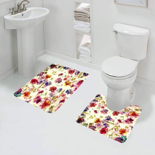 QRFASFZO Badezimmerteppich - Kit 2 Teile,Kunst, schöner Kranz mit violettem Playboy und Schmetterling, handgezeichnete,absorbierbares waschbares Badezimmerteppich für Badewannen,Toiletten und Böden