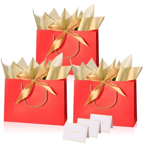 Red Paper Gift Bags with Handles,3pcs Medium Gift Bags for Presents,Wrapping Gift-Bag with Bow Ribbon Tissue Papers and Cards,28*20*10cm Wrapping Bag for Christmas Birthday Wedding Valentine's Day