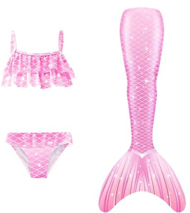 Generisch Badeanzug Mädchen 𝙈eerjung𝙛rau Monoflosse Kostüm Badekleid Badebekleidung Für 4-13 Jahre 3-Teiliges Set 𝙈eerjung𝙛rau-Cosplay 𝙈eerjung𝙛rauenflosse Performance-Outfit Pink 110