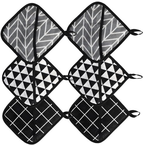 Topflappen, 6 Stück Hitzebeständige Topflappen Set, 18 x 18 cm, Graue Rauten, Schwarze Karos und Schwarz-Weiße Dreiecke, Praktische Küchenhelfer für Kochen und Backen