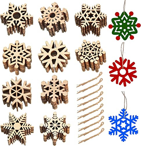 Fairblo 100 Stück Weihnachtsdeko Holz Schneeflocken zum Bemalen Christbaumschmuck Anhänger Holzscheiben Weihnachten DIY Deko Weihnachtsdekoration für Weihnachtsbaum, Fenster, Geschenkanhänger 5cm