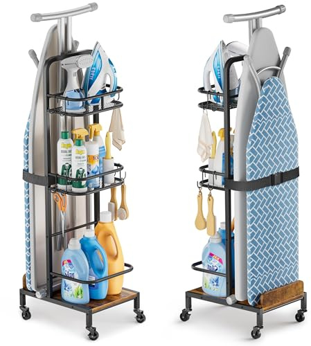 VINCOURNA Porta Asse Da Stiro, Appendi Asse Da Stiro Da Tavolo, Supporto Tavola Da Stiro Con Carrello Portaoggetti A 3 Livelli Per Accessori Da Lavanderia Per Gli Articoli Essenziali Della Lavanderia