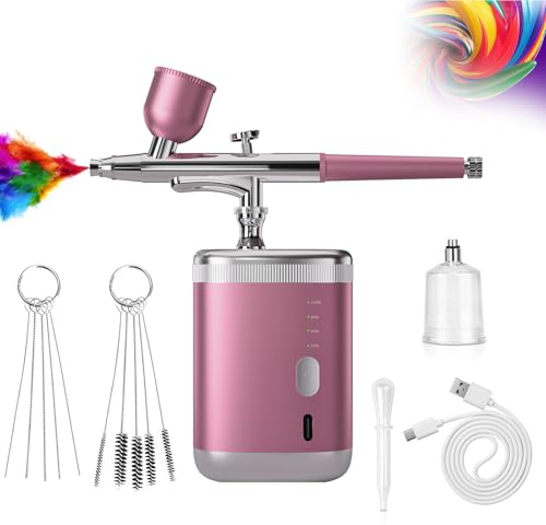 AURIVEE Kit Aerografo Senza Fili Rosa - Pistola a Spruzzo Portatile，Aerografo elettrico ricaricabile con ugello 0,3/0,5mm, 3 pressioni regolabili per nail art, modellismo, decorazione torte