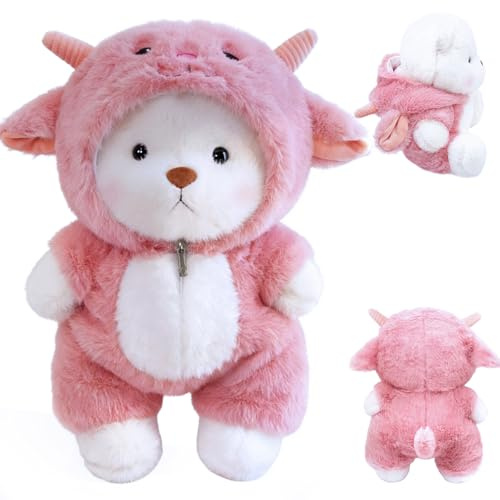 FOSER Plüschtier Teddybär mit Schaf Kostüm, 30 cm Teddy Bär Emotionale Unterstützung, Abnehmbarer Kittel, Schutzengel Rosa Glücksbärchi (Rosa)