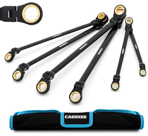 CaeeKee Extra Long Flex-Head Ratcheting Wrench Set(8-19mm), 6PCS Double Box End Long Reach Ratchet Wrench Set, Metric, CR-V Steel, 12 Point, 72-Tooth Ratchet, with Storage Pouch