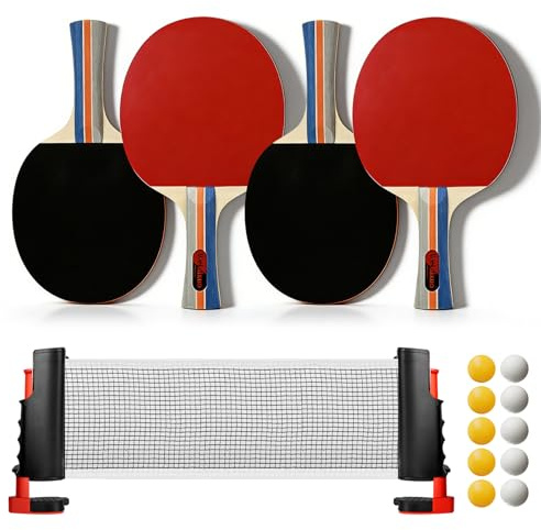 Tischtennis Set, 4 Schläger, 1 Einziehbarem Netz, 10 Tischtennis Bälle Und 1 Tragetasche, Tischtennisschläger Set Für Indoor Und Outdoor, Ideal Für Freizeit, Familie Und Training