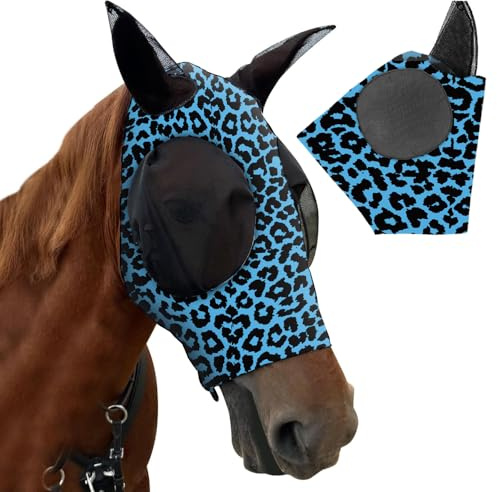 XFSRG Masque Anti Mouche Cheval Imprimé Léopard Bonnet Couvrant la Tête Mouches pour Chevaux avec Oreilles Masque de Cheval Anti Mouche avec Cache Oreilles (Bleu)