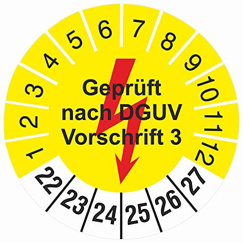 100 Stück 30 mm gelb geprüft nach DGUV Vorschrift 3 mit Blitz Prüfetiketten Prüfplakette 2026-31