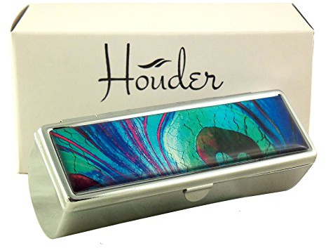 Houder Designer Lippenstift-Etui mit Spiegel für börse, dekorativer Lippenstifthalter mit Geschenkbox â€“ Samt gefüttert â€“ Schützen Sie Ihre Lippenstifte mit Stil (Pfauenfeder)