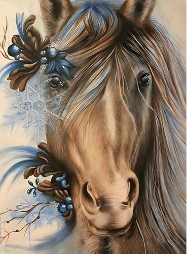 MXJSUA 5D Diamantmalerei Full Round Drill Kit Diamond Painting Pferde Tiere 5D Diamant Painting Bilder Erwachsene Tiere Diamond Painting Set Strass Bild Kunsthandwerk für Home Wall Decor 30x40cm Pferd