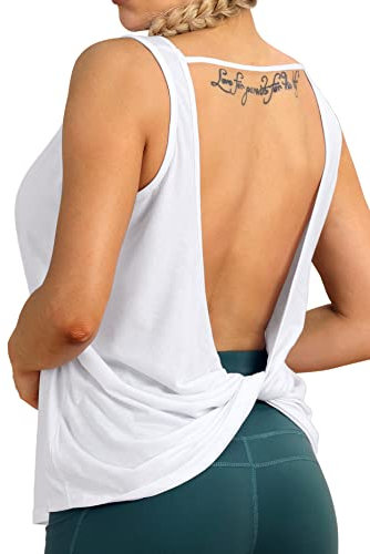 icyzone Damen Sport Tops Rückenfrei - Ärmellose Yoga Gym Oberteil Shirt Fitness Tank Top (L, White)
