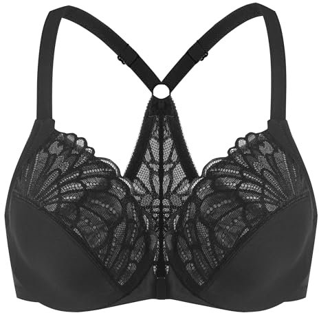 MELENECA Women's Front Fastening Racerback Plus Size Stretch Lace Underwire Unlined Bras Black 42D
