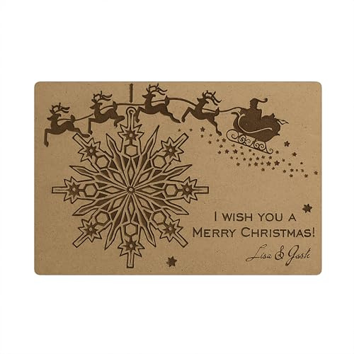 Personalisierte 3D-Weihnachtskarte aus Holz mit Schneeflocke, 15 x 10 cm | Abnehmbares Schneeflocken-Ornament mit Grußtext und Namen – Christbaumschmuck zum Weiterverwenden