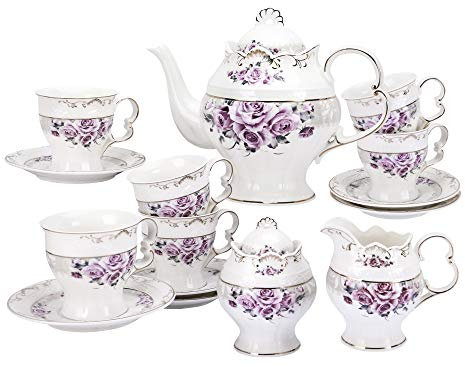 fanquare 15-teiliges Porzellan-Teeservice für Erwachsene, Hochzeitsteeservice, große britische Teekanne mit Tassen, lila Rose