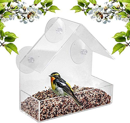 Window Bird Feeder, Plastic Wild Bird Feeder House with Roof, 3 Suction Cups and Seed Tray (Clear)