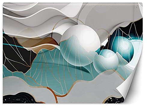 Feeby Fototapete Moderne Wanddeko Wandbild 3D-Kugeln Abstrakt 350x245 cm Blau Wandtapete Design Kinderzimmer Küche Büro Flur Wohnzimmer 3D-Illusion Wellen