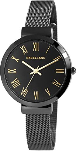 Excellanc Damen-Uhr Edelstahl Meshband Hakenverschluss Analog Quarz 1300036 (schwarz goldfarbig)