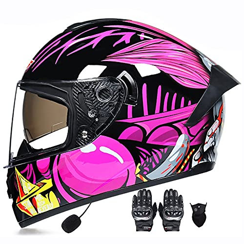Letetexi Casque Moto Modulable Bluetooth Casques Intégral Moto Homologué ECE Casques Intégraux Moto Casque Racing Moto Homme Casque Moto Anti-buée Double Visière Gants Masque 55~62cm