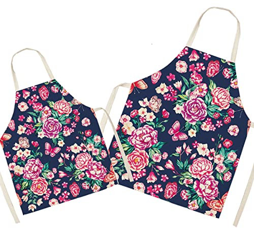 Blumen-passende Schürze für Eltern und Kind zum Kochen, Malerei, Gartenarbeit - Schönes Muster-Leinen-Eltern- und -Kind-Schürze für die Familienzeit, Mama-Vater-Tochter-Sohn-Küchenschürze