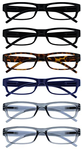 OPULIZE ACE Reading Glasses for Women Men, Lightweight Comfortable Narrow Rectangular Frame with Spring Hinges, Scratch Resistant, Black Brown Blue Grey +2.00 (Pack of 6)