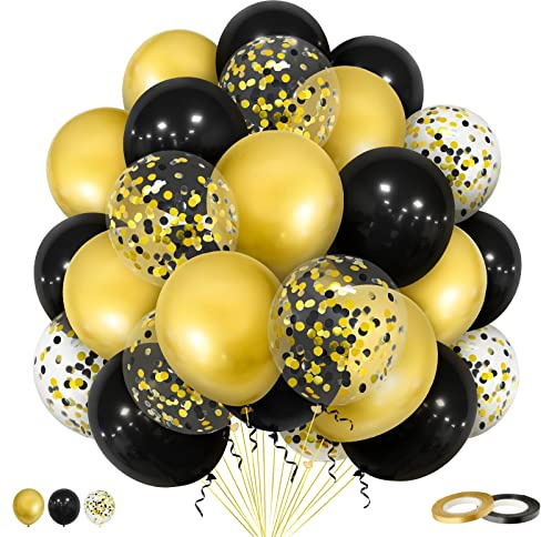 Eitolo 50Pcs Black and Gold Balloons, 12Inch Metallic Chrome Gold Black Confetti Balloons with 2 Ribbons for Men Boys Birthday Wedding Anniversary Baby Shower Party Decor
