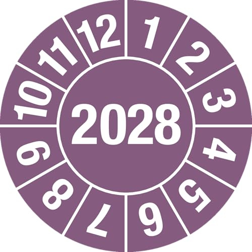 Prüfplakette 2028 lila Ø 30 mm – Jahresplakette 4-stellig | Dokumentenfolie | schwer ablösbar & witterungsbeständig | 15 Stück je Bogen | Marahrens – Qualität Made in Germany