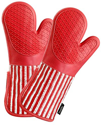 Alselo Silicone Oven Mitts Heat Resistant 932℉ with Waterproof & Non-Slip Kitchen Mittens, Set of 2 Extra Long Oven Gloves with Soft Cotton Terry Lining for Baking Cooking Barbecue (2, Red Mitts)