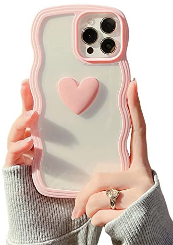 ZTUOK Compatible with iPhone 12/12Pro Case for Girls Women,Curly Wave Design Clear Transparent Case with Cute 3D Love Heart Shockproof Slim Protective Soft TPU Bumper Cover for iPhone 12/12Pro-Pink