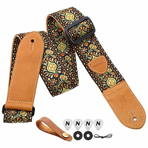 Nefelibata Gitarrengurt,2 Doppelte Lederenden,Vintage Woven W/FREE BONUS-4 Picks+Strap Locks+Strap Button,Bestes Geschenk für Bass,Elektro&Akustik Gitarren für Gitarre(Vintage goldgelbe Stickerei)
