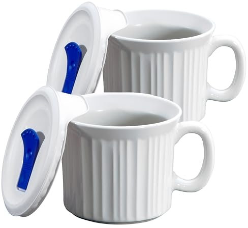 CorningWare 2-Pack 20oz Ceramic Meal Mugs with BPA-Free Vented Lids, French White